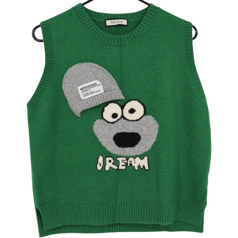 FM 2050 Green Graphic Monster Character Sweater Vest Sleeveless Knit Top Size?